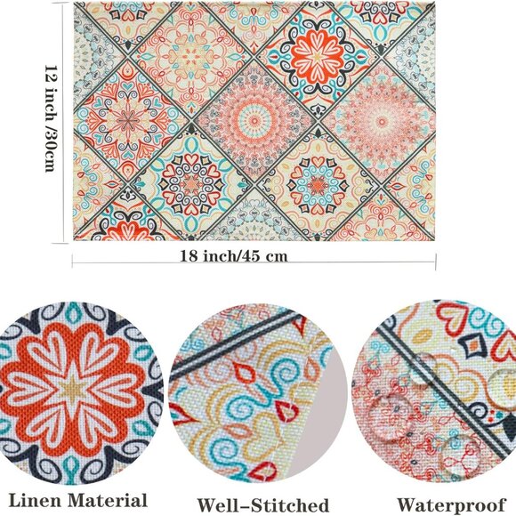 Table Placemats Set of 4 Boho Place Mats Linen Wipeable Placemats Heat Resistant - Picture 3 of 7